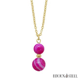 Collier à pendentif doré deux perles d'agate magenta en acier inoxydable et pierre naturelle teintée