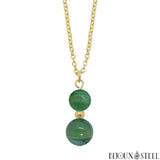 Collier à pendentif doré deux perles en agate verte pierre naturelle teintée et acier inoxydable