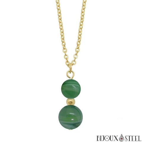 Collier à pendentif doré deux perles en agate verte pierre naturelle teintée et acier inoxydable