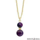 Collier à pendentif doré deux perles d'agate violette en pierre naturelle teintée et acier inoxydable