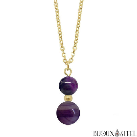Collier à pendentif doré deux perles d'agate violette en pierre naturelle teintée et acier inoxydable