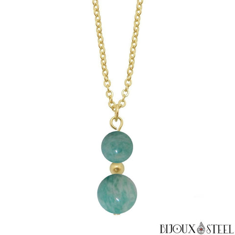 Collier à pendentif doré deux perles d'amazonite en pierre naturelle et acier inoxydable