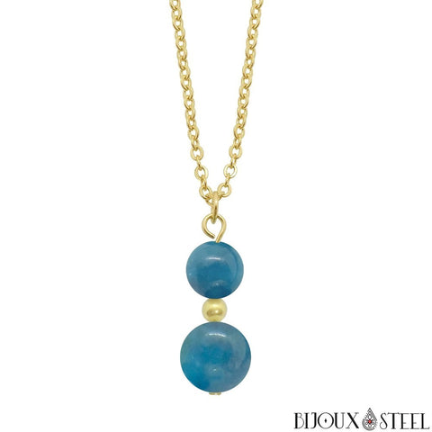 Collier 2 perles Oeil de Tigre bleu clair 8 mm chaîne inox - A Bijoux Collier 2 perles Oeil de Tigre bleu clair 8 mm chaîne inox - A Bijoux
