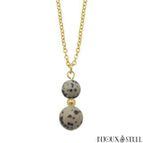 Collier à pendentif doré deux perles en jaspe dalmatien en acier inoxydable