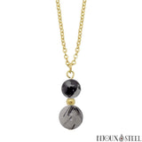Collier à pendentif doré deux perles de quartz tourmaline
