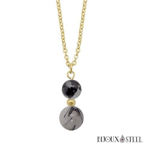 Collier à pendentif doré deux perles de quartz tourmaline