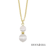 Collier à pendentif doré deux perles en sélénite pierre naturelle et acier inoxydable