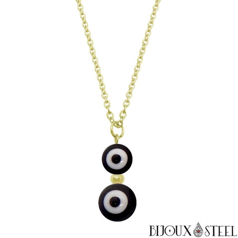 Collier à pendentif doré double perle mauvais oeil noir et blanc en acier inoxydable
