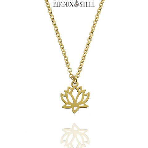 Collier à pendentif doré fleur de lotus en acier inoxydable
