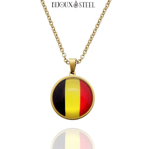 Collier à pendentif drapeau de la Belgique doré en acier inoxydable