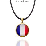 Collier à pendentif doré drapeau de la France et son cordon noir ciré