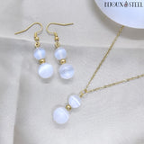 Collier à pendentif et boucles d'oreilles dorés doubles perles en pierre de sélénite et acier inoxydable