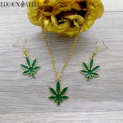 Collier à pendentif et boucles d'oreilles feuilles de cannabis vertes et dorées en métal et acier inoxydable