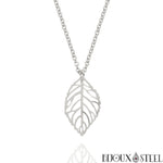 Collier à pendentif feuille ajourée argenté en acier inoxydable