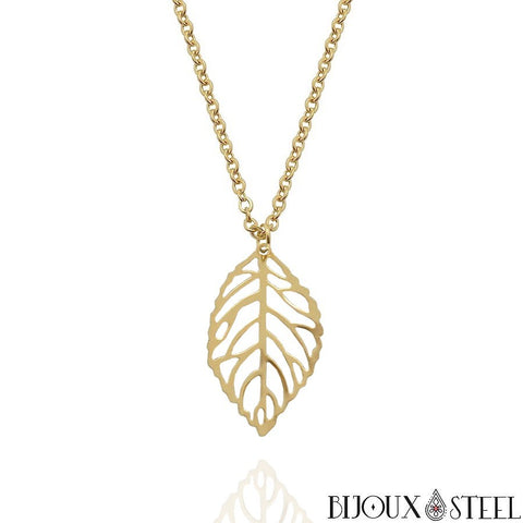 Collier à pendentif feuille en filigrane doré en acier inoxydable