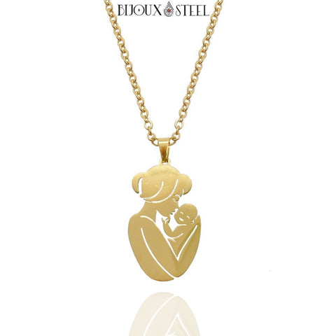 Collier à pendentif maman et son bébé doré en acier inoxydable