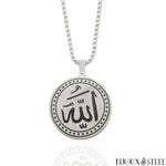 Collier à pendentif médaille ronde argentée Allah en acier inoxydable