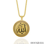Collier à pendentif médaille ronde dorée Allah en acier inoxydable