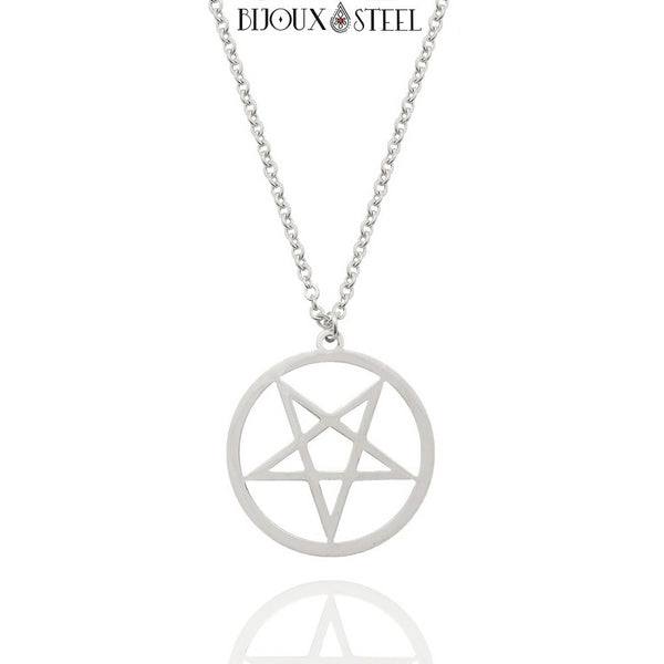 Collier cuir pentagramme inversé et double chaîne Collier cuir pentagramme inversé et double chaîne