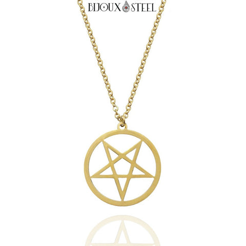 Collier à pendentif pentagramme satanique doré en acier inoxydable