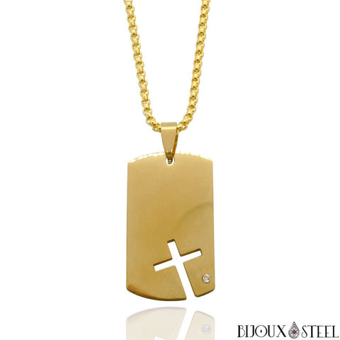 Collier à pendentif plaque militaire et croix dorée en acier inoxydable