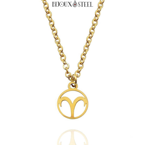Collier à pendentif sigle astrologique bélier doré en acier inoxydable