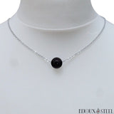 Collier argenté ras du cou à perle d'obsidienne en acier inoxydable