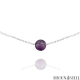 Collier argenté à perle de fluorite violette 8mm en pierre naturelle et acier inoxydable