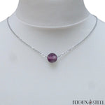 Collier perle de fluorine violette en pierre naturelle et acier inoxydable argenté