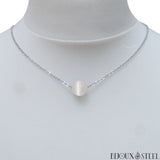 Collier ras du cou argenté à perle de sélénite en pierre naturelle 10mm et acier chirurgical