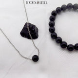Collier chaîne argentée et bracelet en pierre naturelle d'obsidienne noire