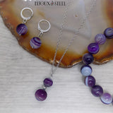 Collier avec boucles d'oreilles argentés et bracelet en perles d'agate violette