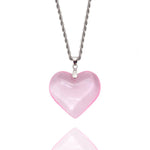 Collier chaîne torsadée argentée et son pendentif coeur rose en verre et acier inoxydable