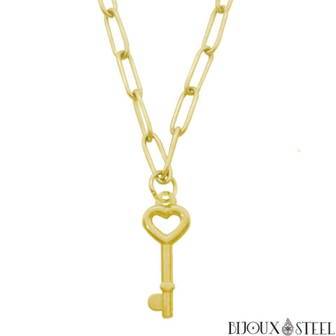 Collier chaîne trombone dorée à pendentif clé en coeur en acier inoxydable