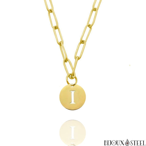 Collier chaîne trombone dorée à pendentif médaille initiale personnalisée en acier inoxydable