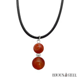 Collier cordon noir à pendentif argenté deux perles d'agate rouge 