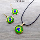 Collier cordon noir et boucles d'oreilles drapeau du Brésil