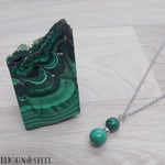 Collier deux perles de malachite en pierre naturelle et acier inoxydable 