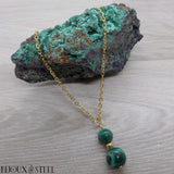Collier deux perles de malachite en pierre naturelle et acier doré