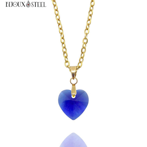 Collier doré à pendentif coeur bleu en verre et acier inoxydable
