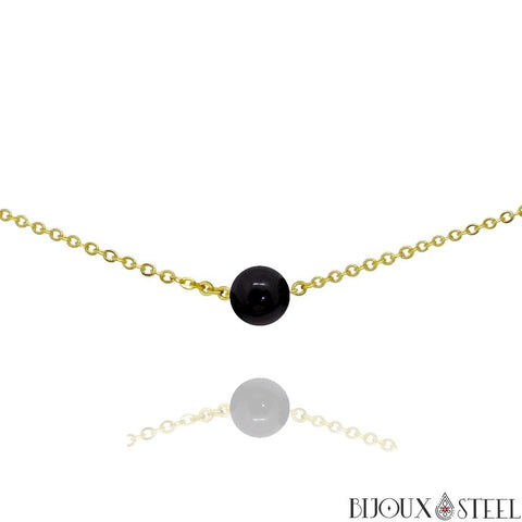 Collier doré à perle d'obsidienne noire 8mm en pierre naturelle et acier inoxydable