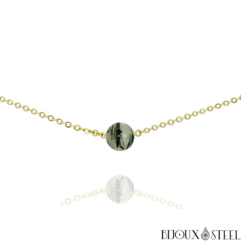 Collier doré à perle de prehnite 8mm en pierre naturelle et acier inoxydable