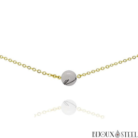 Collier doré à perle de quartz tourmaline 8mm en pierre naturelle et acier inoxydable