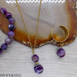 Collier à pendentif et bague dorés avec bracelets en pierre d'agate violette et acier inoxydable