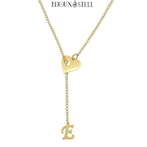 Collier doré en y coeur ajouré et lettre personnalisée en acier inoxydable