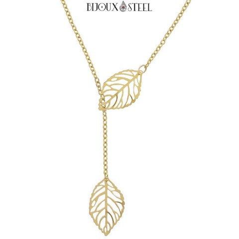 Collier doré en y deux feuilles en acier inoxydable