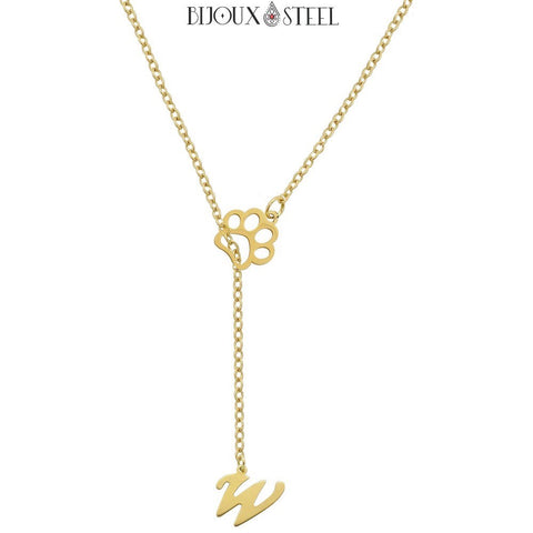 Collier doré en y patte de chien et lettre personnalisée en acier inoxydable