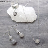 Collier et bijoux argentés en pierre de quartz tourmaline et acier inoxydable