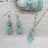 Collier et boucles d'oreilles doubles perles d'amazonite en pierre naturelle et acier inoxydable doré