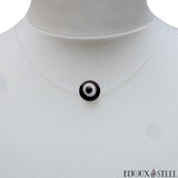 Collier fil de nylon à perle mauvais oeil noir et blanc 10mm